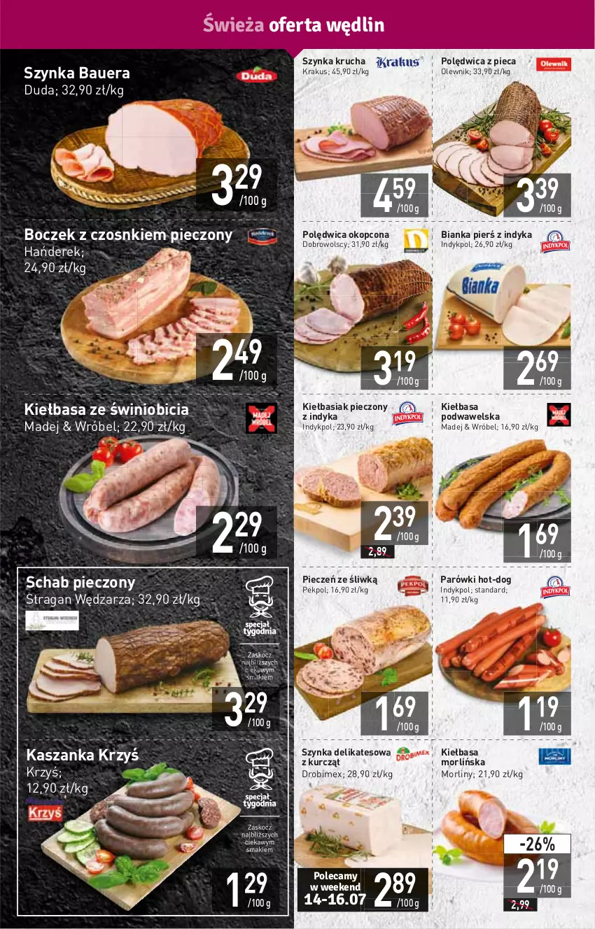 Gazetka promocyjna Stokrotka - Supermarket - ważna 14.07 do 20.07.2022 - strona 4 - produkty: Basia, Bianka, BIC, Boczek, Drobimex, Duda, HP, Kasza, Kaszanka, Kiełbasa, Kiełbasa podwawelska, Krakus, Morliny, Olewnik, Parówki, Pekpol, Piec, Polędwica, Schab pieczony, Szynka, Szynka delikatesowa, Wawel