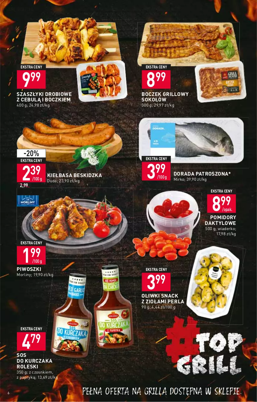 Gazetka promocyjna Stokrotka - Supermarket - ważna 14.07 do 20.07.2022 - strona 6 - produkty: Boczek, Duda, Grill, Kiełbasa, Kurczak, Morliny, Oliwki, Piwo, Pomidory, Sok, Sokołów, Sos