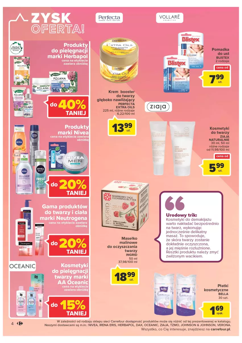 Gazetka promocyjna Carrefour - Gazetka Ciesz się latem, chwal się urodą - ważna 21.06 do 02.07.2022 - strona 4 - produkty: Bell, Bella, Booster, DAX, GRID, Herbapol, Makijaż, Nivea, Perfecta, Płatki kosmetyczne, Ryż, Waciki, Ziaja