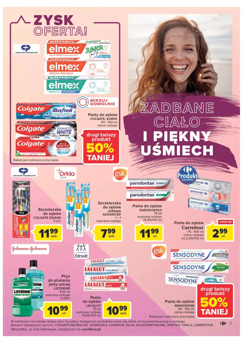 Gazetka promocyjna Carrefour - Gazetka Ciesz się latem, chwal się urodą - ważna 21.06 do 02.07.2022 - strona 7 - produkty: Colgate, Elmex, Lacalut, LG, Listerine, Palmolive, Parodontax, Pasta do zębów, Płyn do płukania, Płyn do płukania jamy ustnej, Sensodyne, Szczoteczka, Szczoteczka do zębów, Ziaja