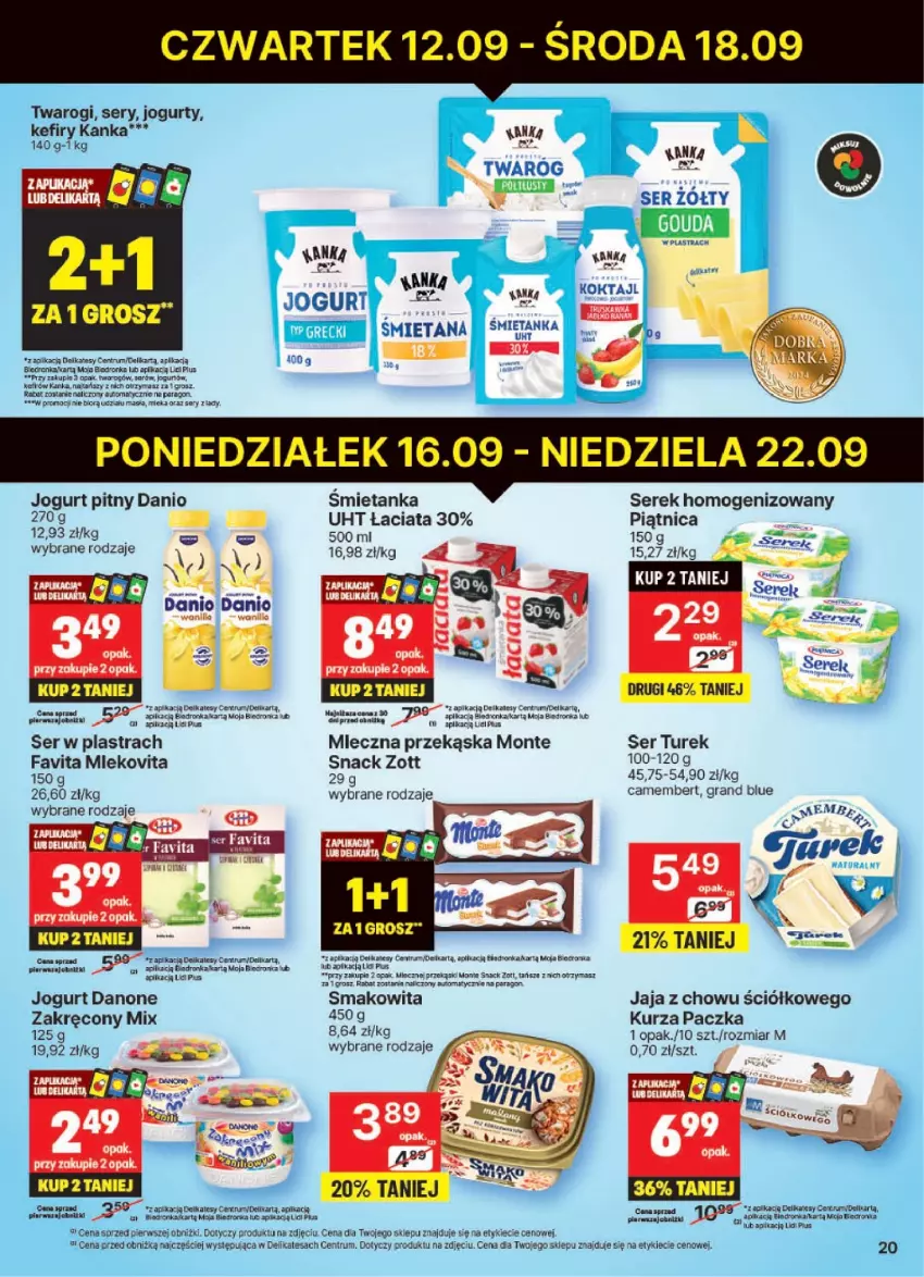 Gazetka promocyjna Delikatesy Centrum - NOWA GAZETKA Delikatesy Centrum od 16 września! 16-22.09.2024 - ważna 16.09 do 22.09.2024 - strona 20 - produkty: Camembert, Danio, Danone, Dell, Dron, Fa, Favita, Gouda, Gra, Jaja, Jogurt, Jogurt pitny, Kefir, LG, Miecz, Mleko, Mlekovita, Monte, Orka, Pax, Piątnica, Rum, Ser, Serek, Smakowita, Zott