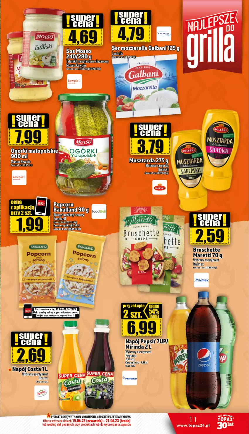 Gazetka promocyjna Topaz - Gazetka - ważna 15.06 do 21.06.2023 - strona 11 - produkty: 7up, Bakalland, Bruschette, Hortex, Napój, Pepsi, Popcorn, Ser, Top