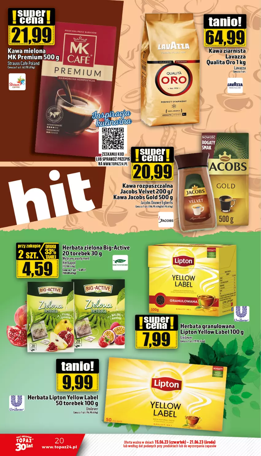 Gazetka promocyjna Topaz - Gazetka - ważna 15.06 do 21.06.2023 - strona 20 - produkty: Gra, Herbata, Jacobs, Jacobs Velvet, Kawa, Kawa mielona, Kawa rozpuszczalna, Lavazza, Lipton, Top, Velvet