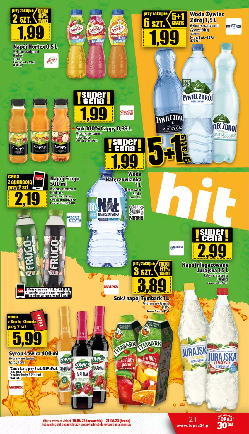 Gazetka promocyjna Topaz - Gazetka - ważna 15.06 do 21.06.2023 - strona 21 - produkty: Hortex, HP, Nałęczowianka, Napój, Ser, Sok, Syrop, Top, Tymbark, Woda