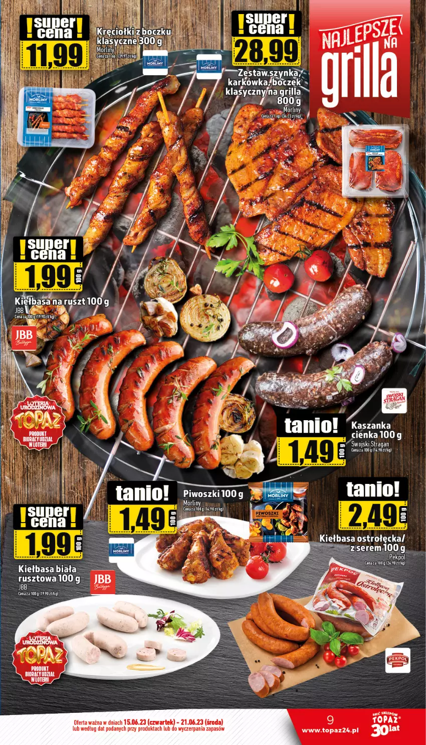 Gazetka promocyjna Topaz - Gazetka - ważna 15.06 do 21.06.2023 - strona 9 - produkty: Grill, Kiełbasa, Piwo, Ser, Szynka, Top