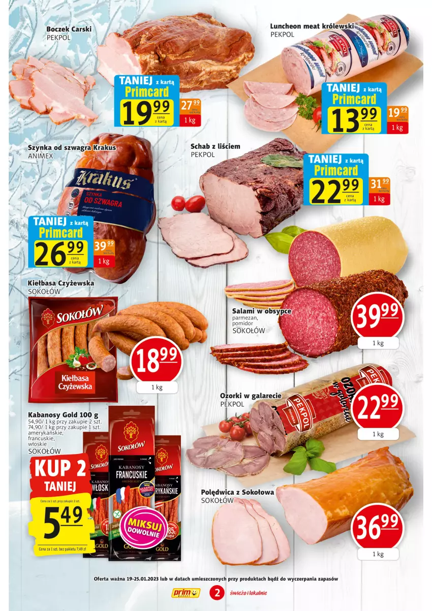 Gazetka promocyjna Prim Market - ważna 19.01 do 25.01.2023 - strona 2 - produkty: Boczek, Cars, Gra, Kabanos, Kiełbasa, Krakus, Parmezan, Pekpol, Polędwica, Salami, Sok, Sokołów, Szynka