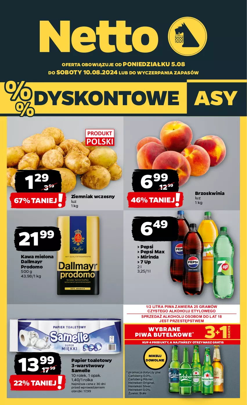 Gazetka promocyjna Netto - Artykuły spożywcze - ważna 05.08 do 10.08.2024 - strona 1 - produkty: Carlsberg, Dallmayr, Gin, Gra, Heineken, Kawa, Kawa mielona, Mirinda, Papier, Papier toaletowy, Pepsi, Pepsi max, Piwa