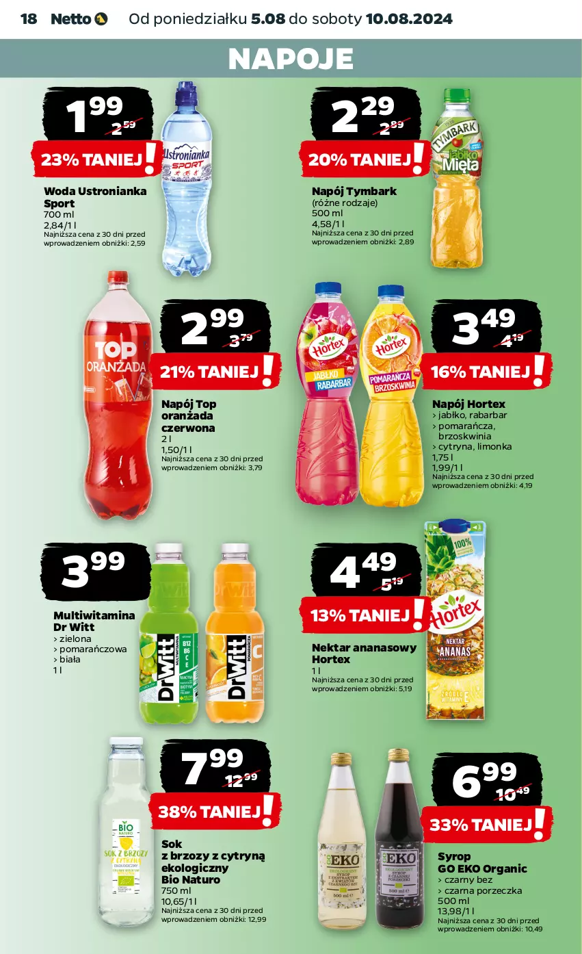 Gazetka promocyjna Netto - Artykuły spożywcze - ważna 05.08 do 10.08.2024 - strona 18 - produkty: Ananas, Hortex, Limonka, Napój, Napoje, Nektar, Oranżada, Por, Sok, Sport, Syrop, Top, Tymbark, Woda