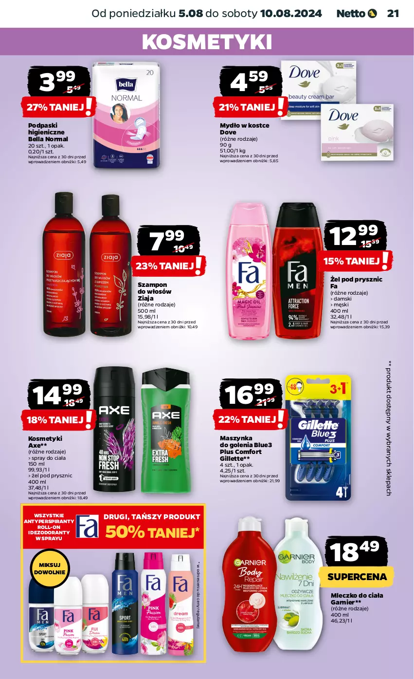 Gazetka promocyjna Netto - Artykuły spożywcze - ważna 05.08 do 10.08.2024 - strona 21 - produkty: Antyperspirant, Bell, Bella, Dezodorant, Dove, Fa, Garnier, Gillette, Maszynka, Maszynka do golenia, Mleczko, Mleczko do ciała, Mydło, Podpaski, Szampon, Szynka, Ziaja