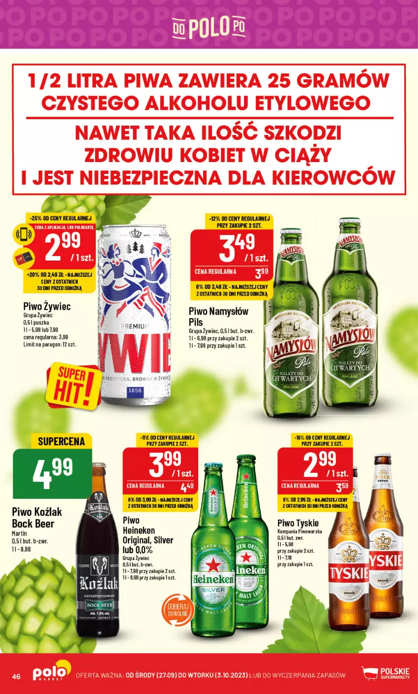 Gazetka promocyjna PoloMarket - Gazetka pomocyjna - ważna 27.09 do 03.10.2023 - strona 46 - produkty: Gin, Heineken, Namysłów, Piwo, Tyskie