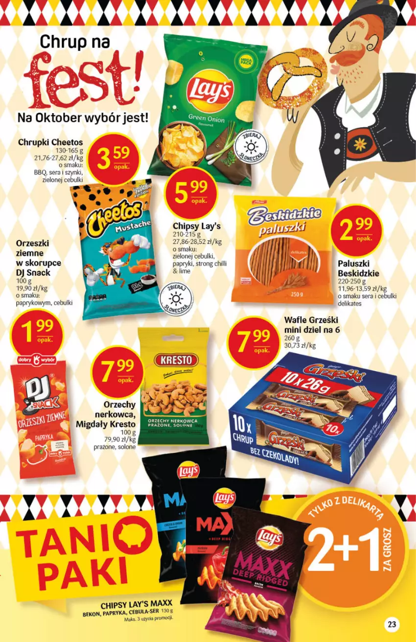 Gazetka promocyjna Delikatesy Centrum - Gazetka Delikatesy Centrum - ważna 16.09 do 22.09.2021 - strona 23 - produkty: Beko, Beskidzki, Cebula, Cheetos, Chipsy, Chrupki, Grześki, Migdały, Orzeszki, Papryka, Ser, Wafle