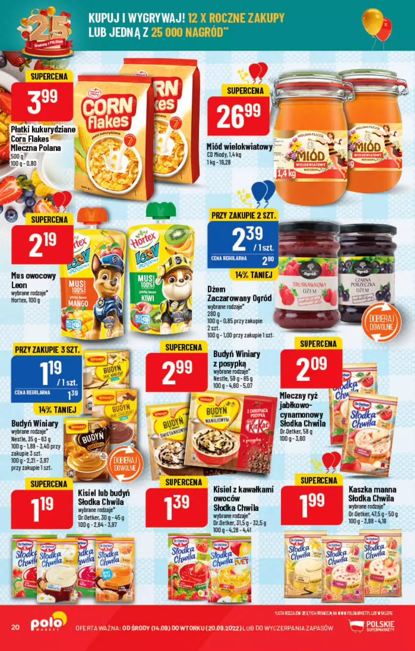 Gazetka promocyjna PoloMarket - Gazetka pomocyjna - ważna 14.09 do 20.09.2022 - strona 20 - produkty: Budyń, Corn flakes, Dżem, Gry, Hortex, Kawa, Kisiel, LANA, Leon, Miód, Mus, Ogród, Ryż, Słodka Chwila, Winiary