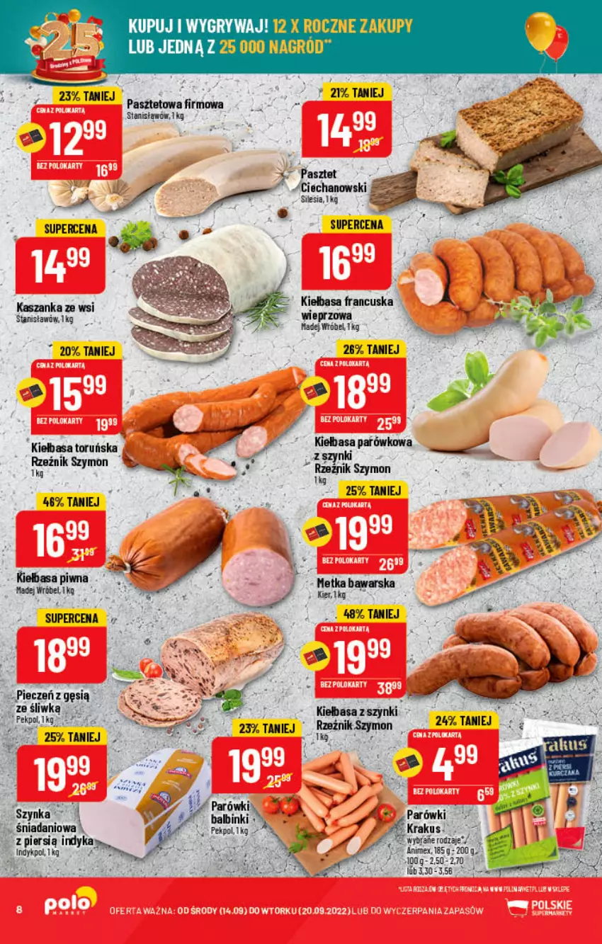 Gazetka promocyjna PoloMarket - Gazetka pomocyjna - ważna 14.09 do 20.09.2022 - strona 8 - produkty: Danio, Kasza, Kaszanka, Kiełbasa, Kiełbasa piwna, Krakus, Madej Wróbel, Parówki, Pasztet, Pekpol, Piec, Szynka