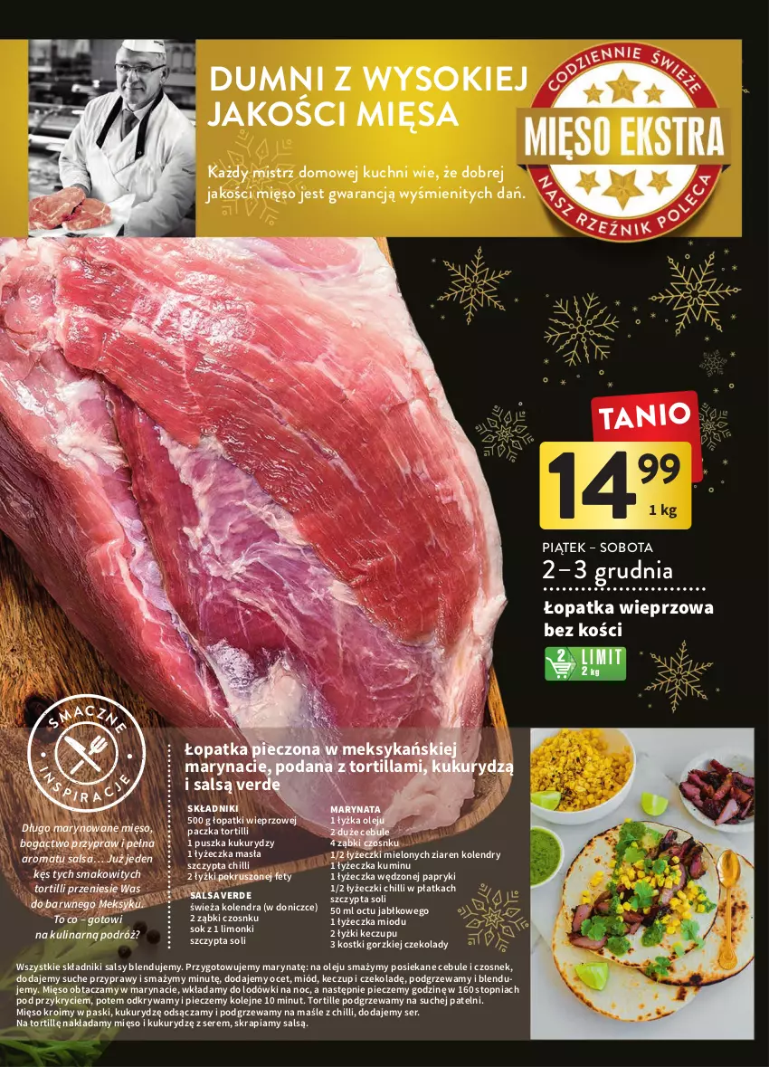 Gazetka promocyjna Intermarche - Gazetka Intermarche - ważna 01.12 do 07.12.2022 - strona 18 - produkty: Czosnek, Kolendra, Mięso, Miód, Ocet, Olej, Piec, Przyprawy, Salsa, Ser, Sok, Top, Tortilla