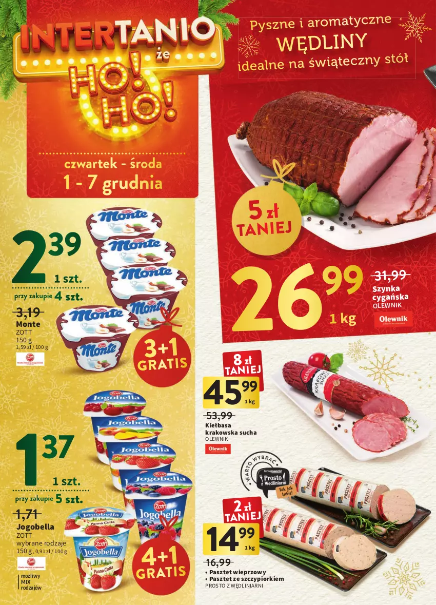 Gazetka promocyjna Intermarche - Gazetka Intermarche - ważna 01.12 do 07.12.2022 - strona 22 - produkty: Bell, Bella, Jogobella, Kiełbasa, Kiełbasa krakowska, Monte, Olewnik, Pasztet, Szynka, Szynka cygańska, Zott