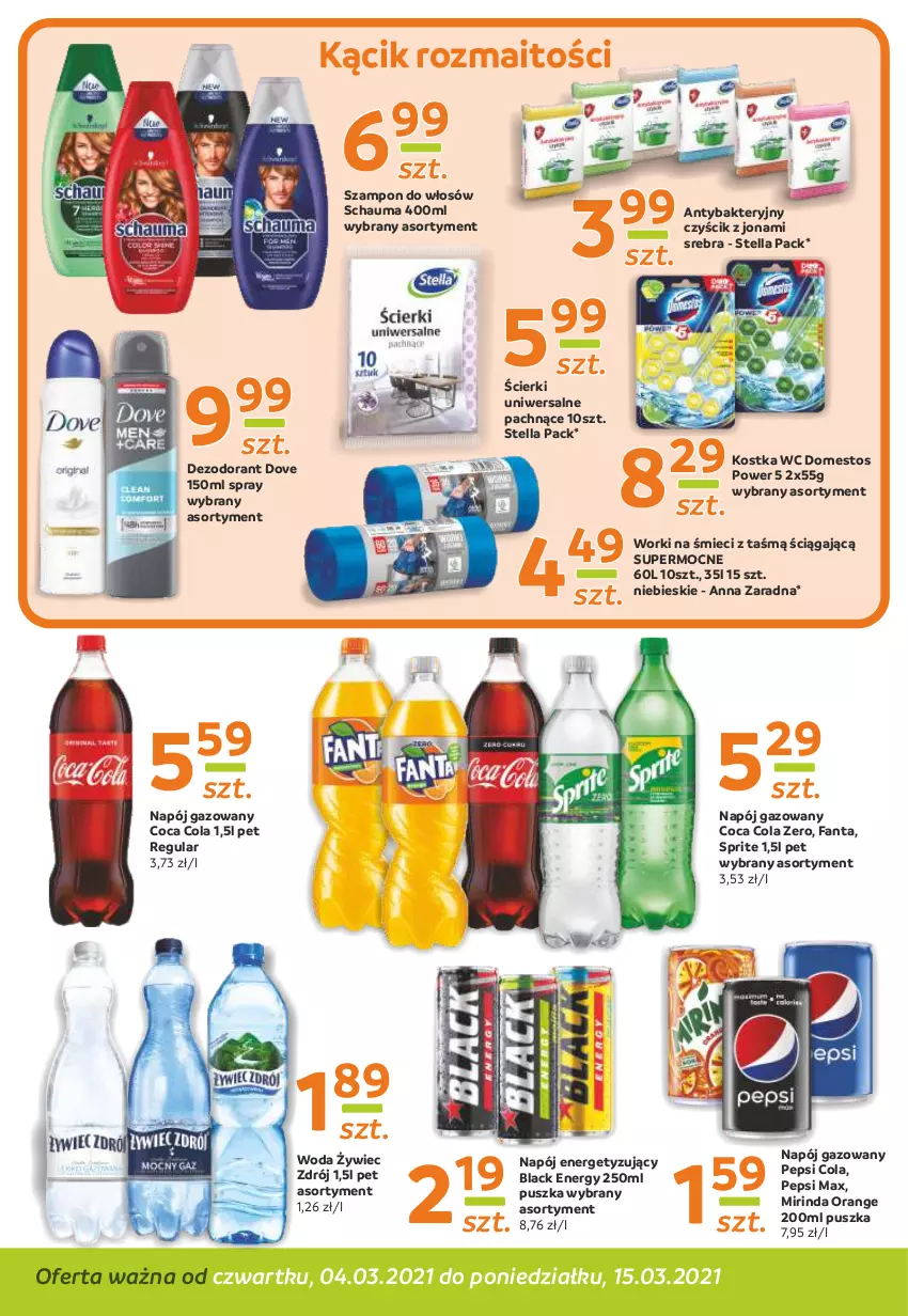 Gazetka promocyjna Gama - ważna 04.03 do 15.03.2021 - strona 10 - produkty: Dezodorant, Domestos, Dove, Fa, Fanta, Lack, Mirinda, Napój, Napój gazowany, Pepsi, Pepsi max, Schauma, Sprite, Szampon, Woda, Worki na śmiec, Worki na śmieci