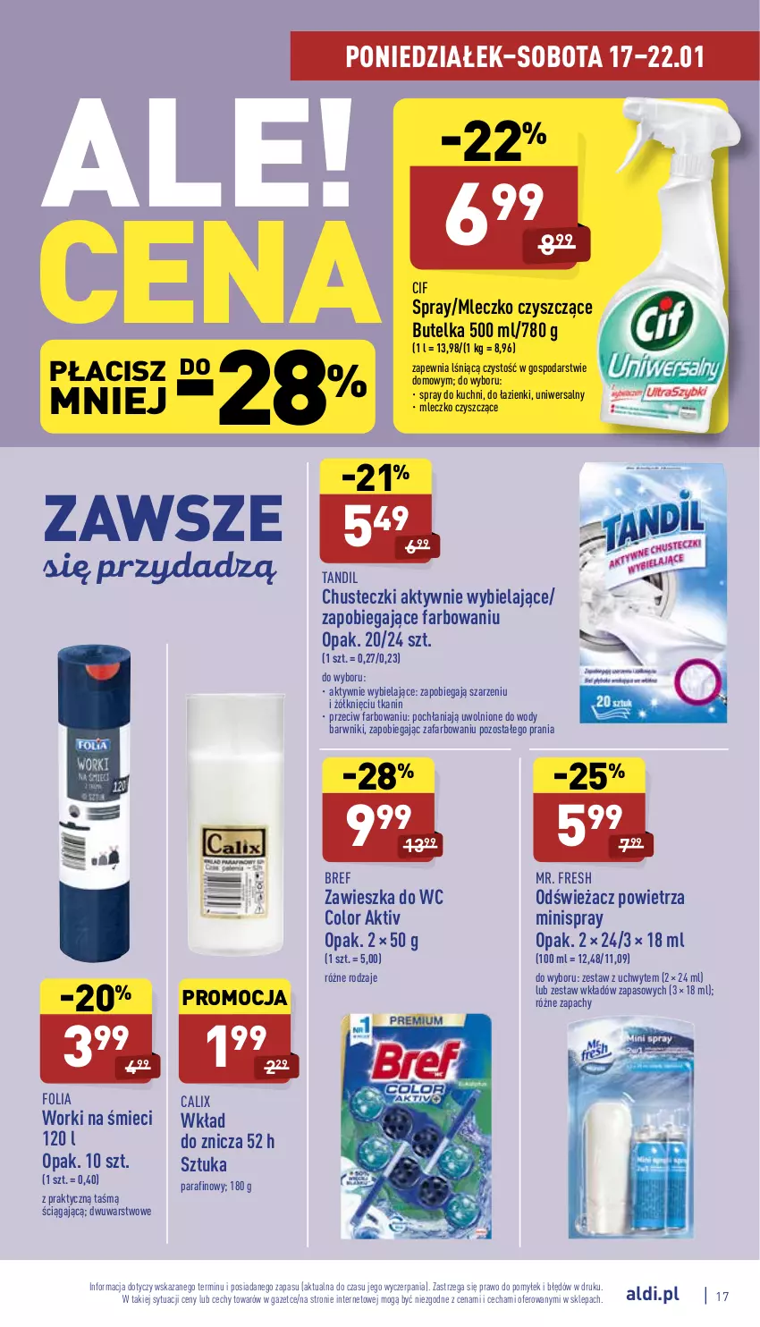 Gazetka promocyjna Aldi - Katalog spożywczy - ważna 17.01 do 22.01.2022 - strona 17 - produkty: Bref, Chusteczki, Cif, Fa, Mleczko, Odświeżacz powietrza, Worki na śmiec, Worki na śmieci, Zawieszka do wc, Znicz