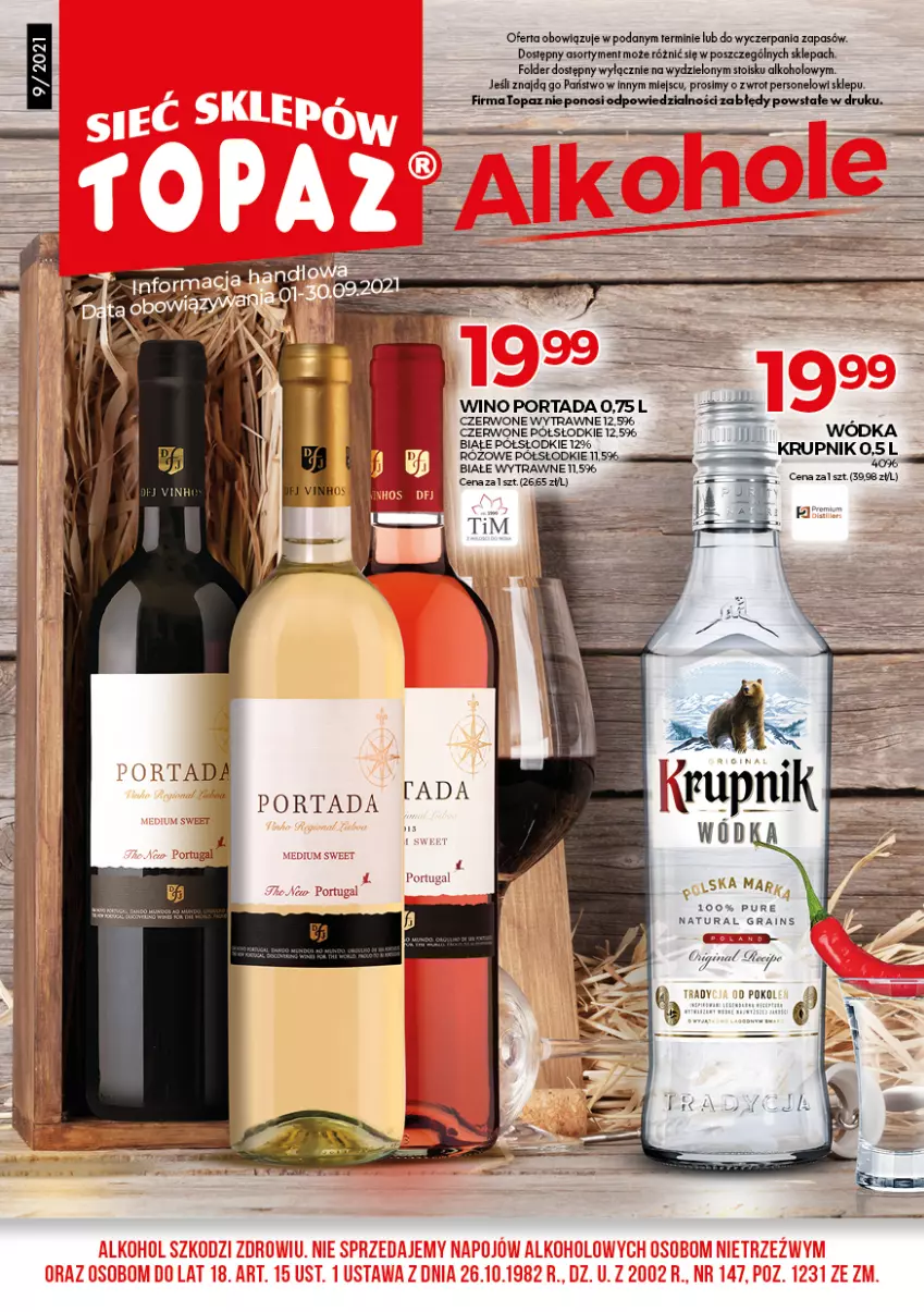 Gazetka promocyjna Topaz - Gazetka - ważna 01.09 do 30.09.2021 - strona 1 - produkty: Gra, Krupnik, Por, Portada, Pur, Top, Wino, Wódka