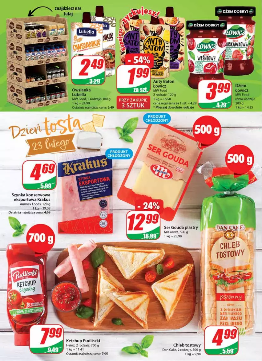 Gazetka promocyjna Dino - Gazetka - ważna 22.02 do 28.02.2023 - strona 4 - produkty: Chleb, Chleb tostowy, Dan Cake, Dżem, Gouda, Gouda plastry, Heinz, Ketchup, Krakus, Mleko, Mlekovita, Por, Pudliszki, Ser, Sport, Szynka, Szynka konserwowa