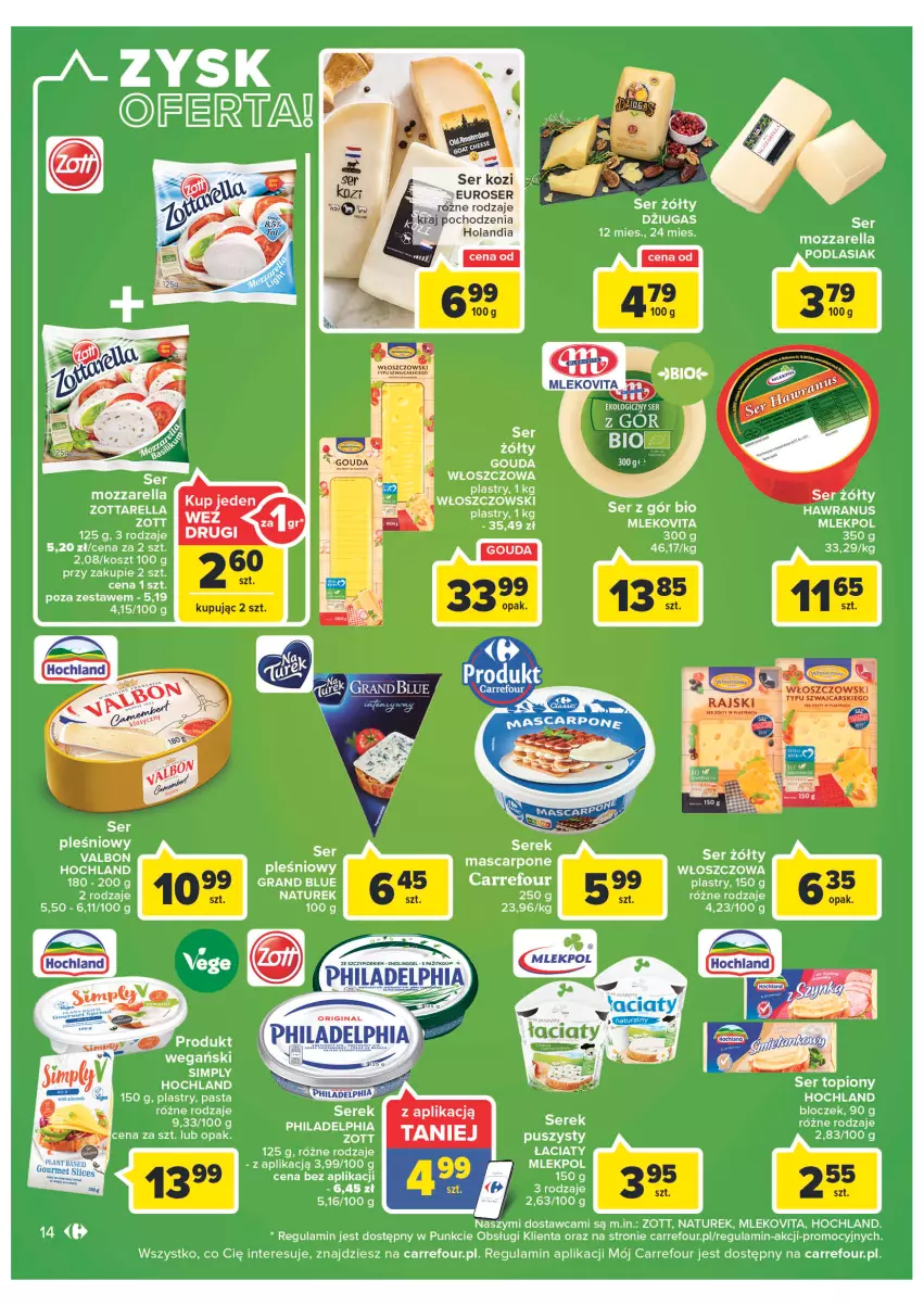 Gazetka promocyjna Carrefour - Gazetka Carrefour Zyskoteka - ważna 18.10 do 22.10.2022 - strona 14 - produkty: Gouda, Gra, Hochland, Kosz, Mascarpone, Mleko, Mlekovita, Mozzarella, NaTurek, Philadelphia, Ser, Ser kozi, Ser pleśniowy, Ser topiony, Top, Zott, Zottarella