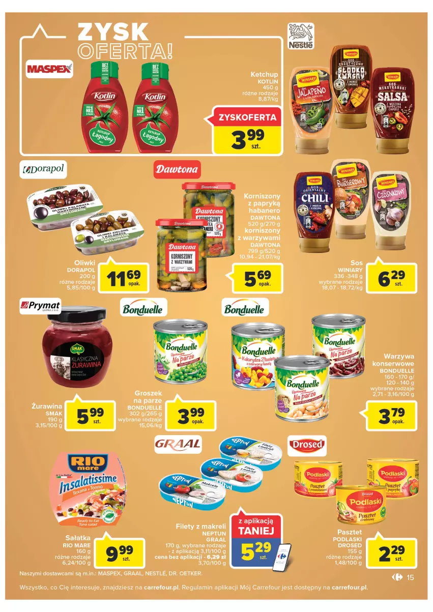 Gazetka promocyjna Carrefour - Gazetka Carrefour Zyskoteka - ważna 18.10 do 22.10.2022 - strona 15 - produkty: Bonduelle, Dawtona, Dr. Oetker, Gra, Graal, Groszek, Ketchup, Korniszony, Kotlin, Oliwki, Pasztet, Podlaski, Rio Mare, Sałat, Sałatka, Ser, Sos, Warzywa, Warzywa konserwowe, Winiary