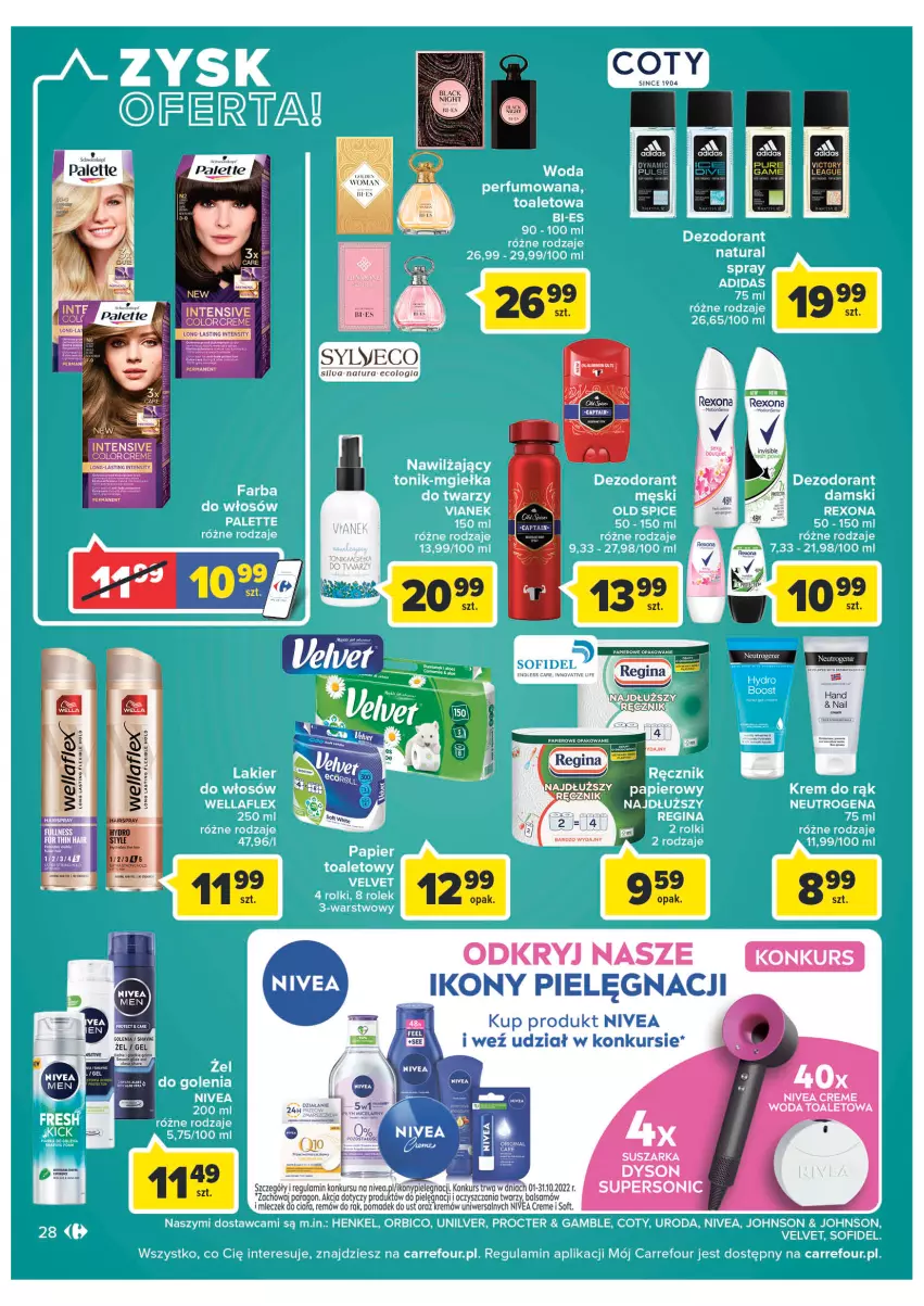 Gazetka promocyjna Carrefour - Gazetka Carrefour Zyskoteka - ważna 18.10 do 22.10.2022 - strona 28 - produkty: Gin, Nivea, Palette, Ręcznik, Rexona, Wella, Wellaflex