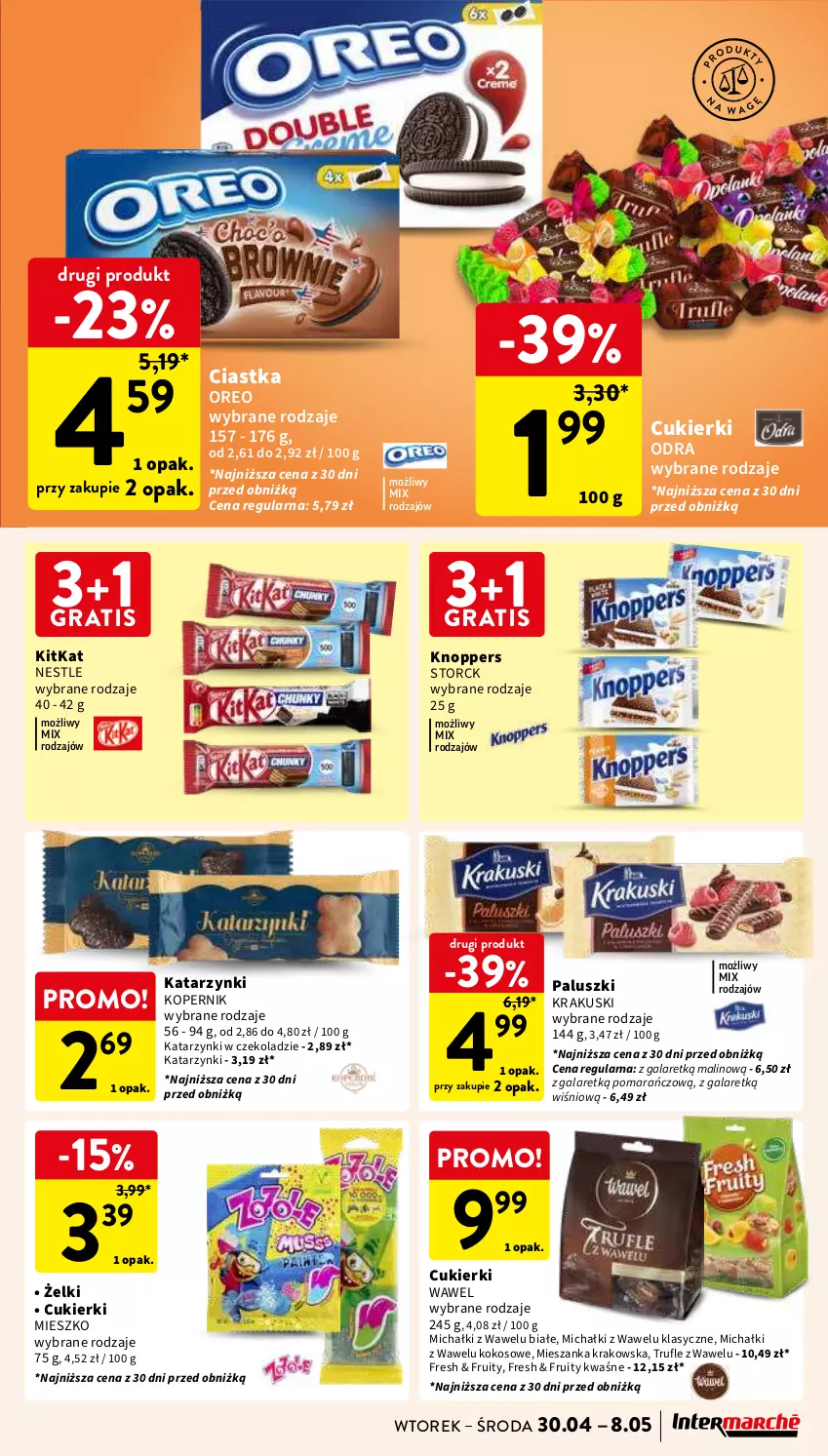 Gazetka promocyjna Intermarche - Gazetka Intermarche - ważna 30.04 do 08.05.2024 - strona 33 - produkty: Ciastka, Cukier, Cukierki, Gala, Gra, Knoppers, Kokos, Krakus, Krakuski, Michałki, Oreo, Wawel