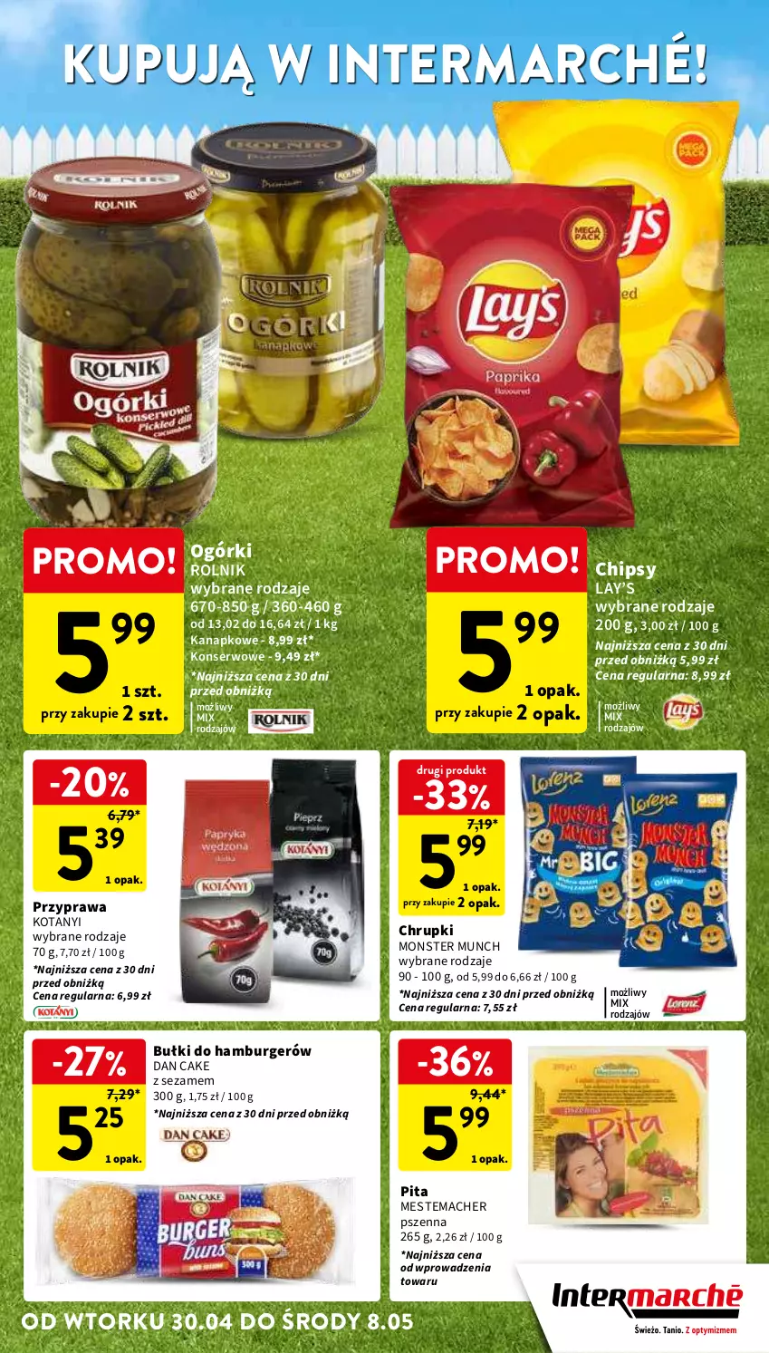 Gazetka promocyjna Intermarche - Gazetka Intermarche - ważna 30.04 do 08.05.2024 - strona 9 - produkty: Burger, Chipsy, Chrupki, Dan Cake, Hamburger, Lay’s, Monster Munch, Rolnik, Ser, Sezam