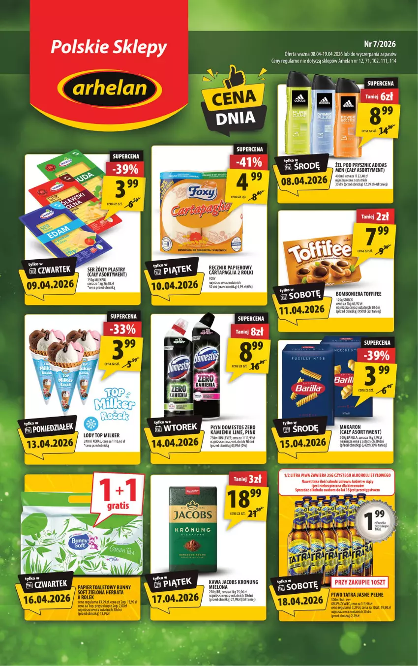 Gazetka promocyjna Arhelan - Gazetka - ważna 08.04 do 19.04.2026 - strona 1 - produkty: Adidas, Barilla, Bomboniera, Domestos, Fa, Jacobs, Kawa, Lody, Makaron, Papier, Piec, Piwa, Rolki, Ser, Toffifee, Top