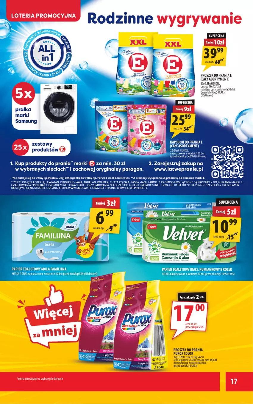 Gazetka promocyjna Arhelan - Gazetka - ważna 08.04 do 19.04.2026 - strona 17 - produkty: Fa, Gin, LG, Lovi, Mola, Papier, Papier toaletowy, Perwoll, Proszek do prania, Pur, Rum, Samsung, Ser, Velvet