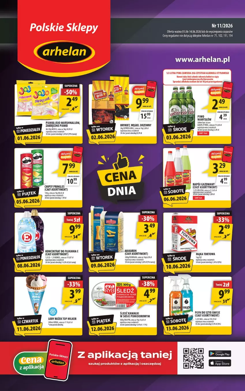 Gazetka promocyjna Arhelan - Gazetka - ważna 01.06 do 14.06.2026 - strona 1 - produkty: Chipsy, Grill, Hellena, Kawa, Lody, Mąka, Mąka tortowa, Makaron, Mars, Namysłów, Napój, Napój gazowany, Piec, Piwa, Piwo, Płyn do szyb, Pringles, Sledź, Sos, Top, Węgiel drzewny