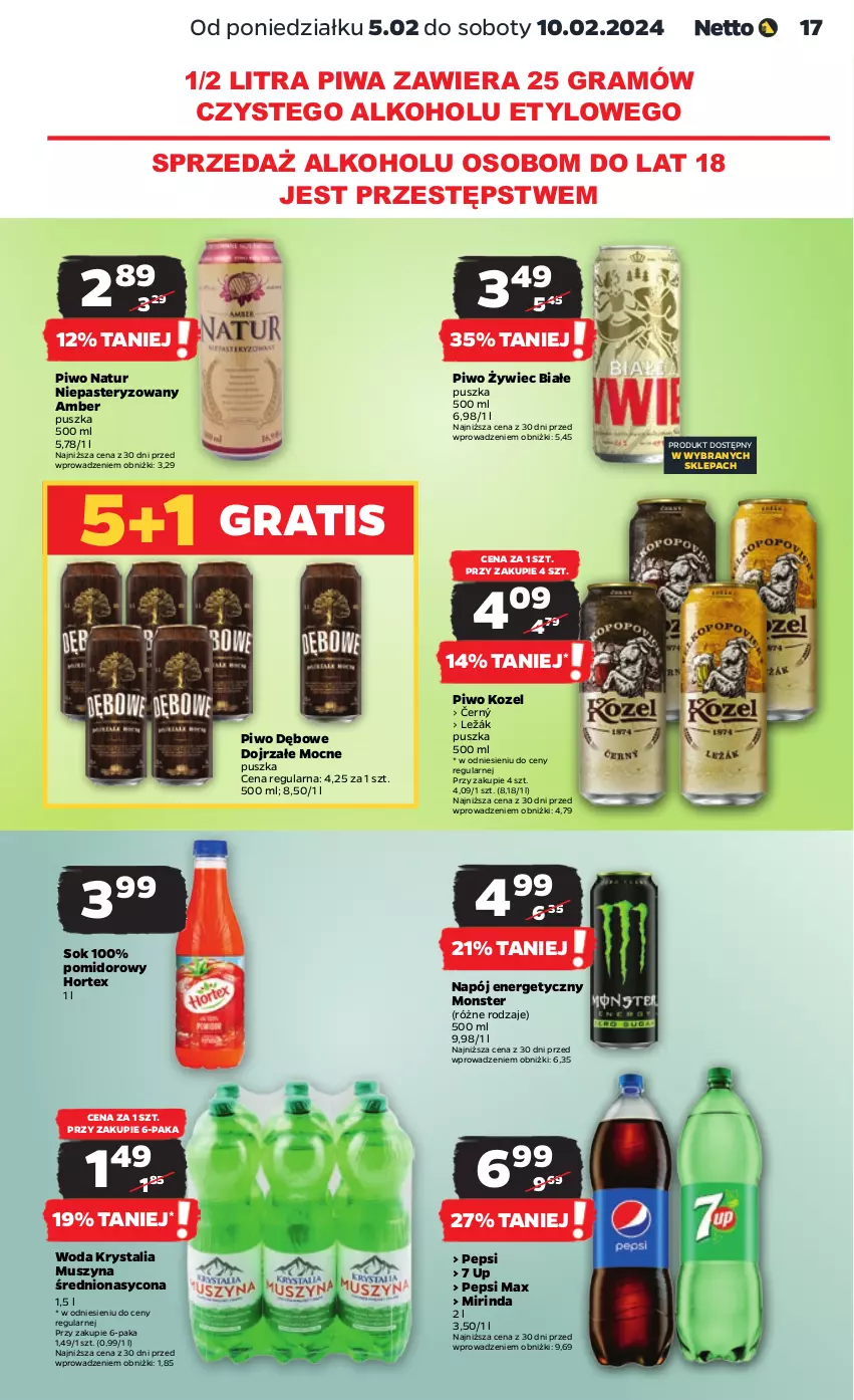 Gazetka promocyjna Netto - Artykuły spożywcze - ważna 05.02 do 10.02.2024 - strona 17 - produkty: Gra, Hortex, Kozel, Mirinda, Mus, Napój, Napój energetyczny, Pepsi, Pepsi max, Piwa, Piwo, Sok, Szyna, Woda