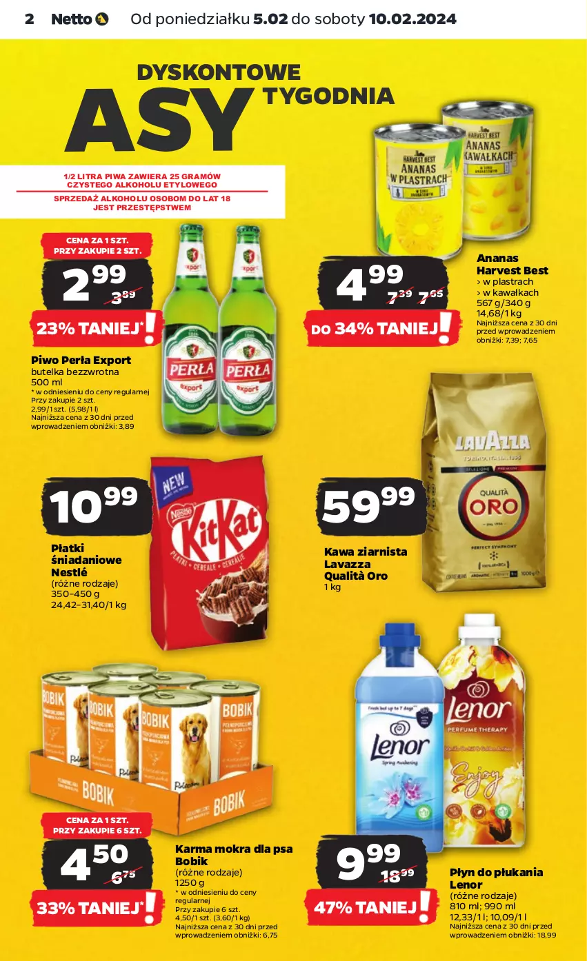 Gazetka promocyjna Netto - Artykuły spożywcze - ważna 05.02 do 10.02.2024 - strona 2 - produkty: Ananas, Danio, Gra, Kawa, Kawa ziarnista, Lavazza, Lenor, Nestlé, Perła, Piwa, Piwo, Płyn do płukania, Por