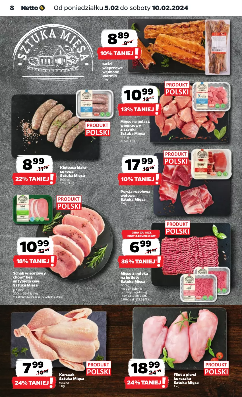 Gazetka promocyjna Netto - Artykuły spożywcze - ważna 05.02 do 10.02.2024 - strona 8 - produkty: Filet z piersi kurczaka, Kiełbasa, Kiełbasa biała, Kości wieprzowe, Kotlet, Kurczak, Mięso, Mięso na gulasz, Mięso z indyka, Por, Schab wieprzowy, Tusz