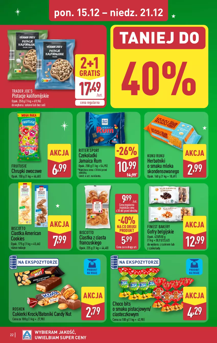 Gazetka promocyjna Aldi - Pełna oferta - ważna 15.12 do 21.12.2025 - strona 22 - produkty: Baton, Candy, Chrupki, Ciastka, Cukier, Cukierki, Gofry, Gra, Herbatniki, LG, Pistacje, Por, Ritter Sport, Rum, Sport, Tonik
