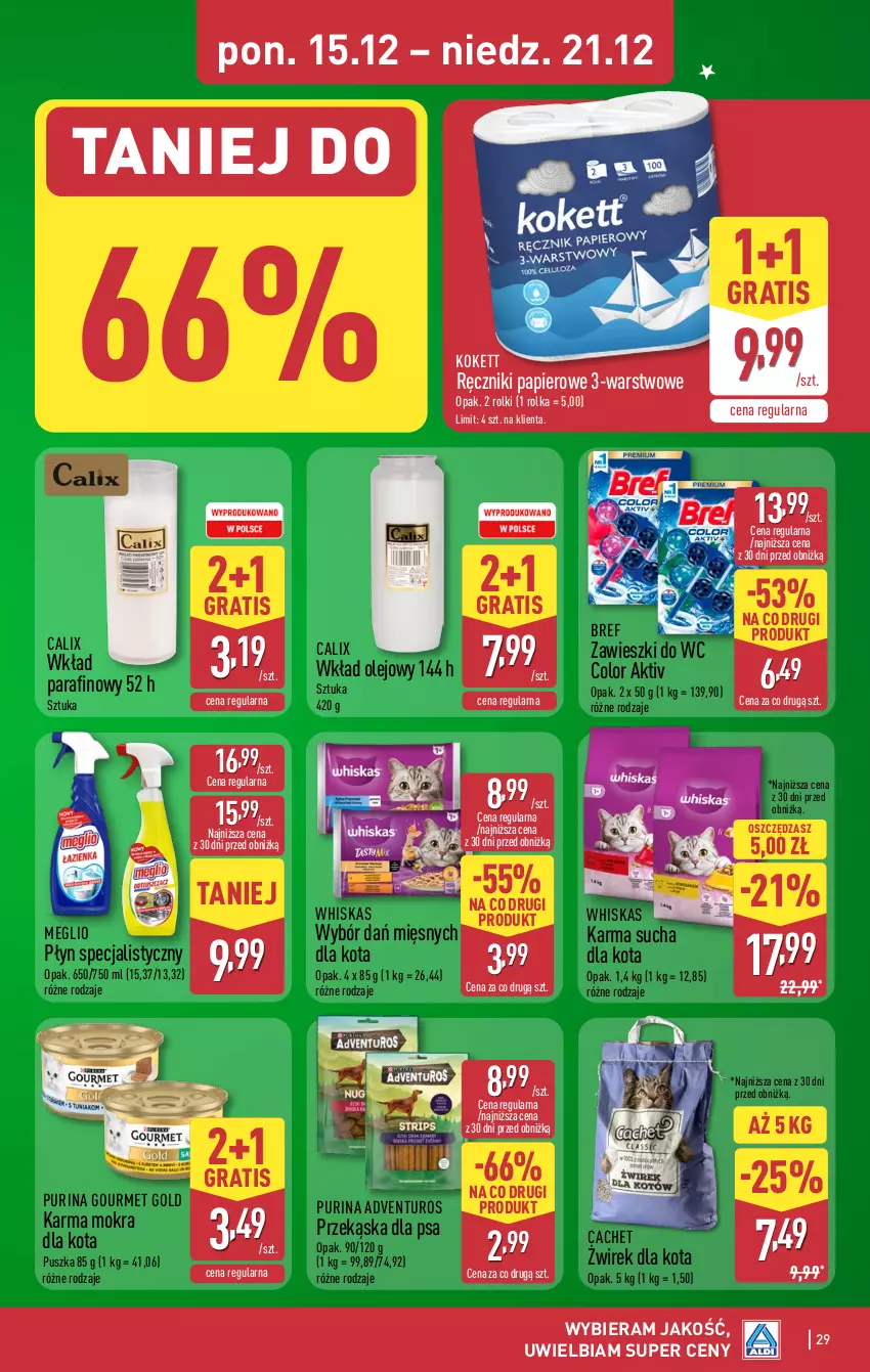 Gazetka promocyjna Aldi - Pełna oferta - ważna 15.12 do 21.12.2025 - strona 29 - produkty: Adventuros, Bref, Gourmet Gold, Gra, Olej, Papier, Pur, Purina, Ręcznik, Ręczniki papierowe, Rolki, Whiskas, Wkład olejowy, Zawieszki