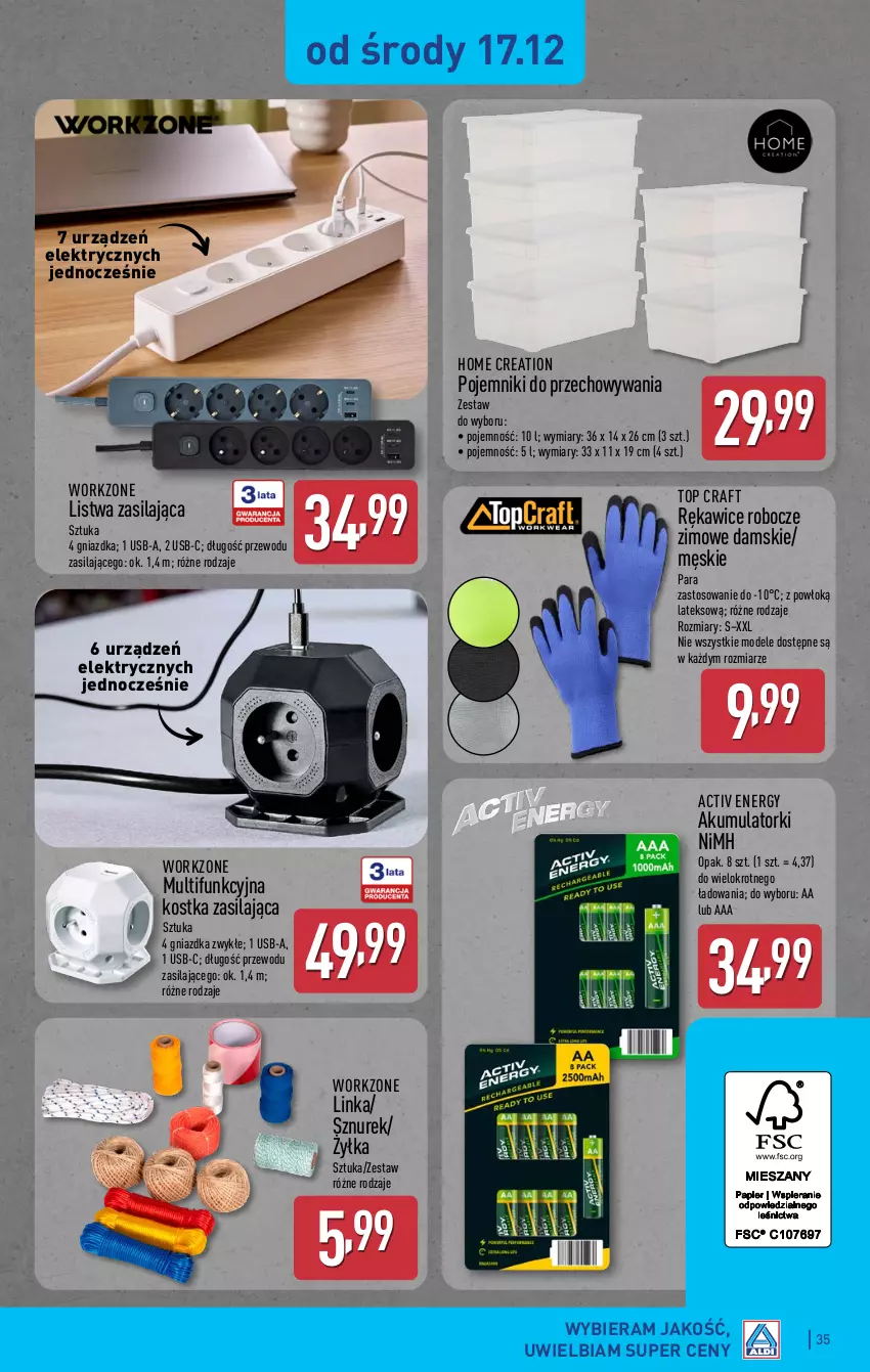 Gazetka promocyjna Aldi - Pełna oferta - ważna 15.12 do 21.12.2025 - strona 35 - produkty: Akumulator, Inka, Listwa, Pojemnik, Rękawice, Rękawice robocze, Sznurek, Top