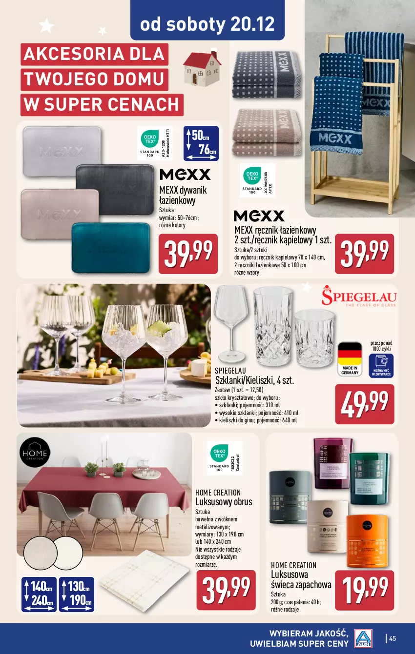 Gazetka promocyjna Aldi - Pełna oferta - ważna 15.12 do 21.12.2025 - strona 45 - produkty: Dywan, Dywanik, Dywanik łazienkowy, Gin, Lanki, Mexx, Obrus, Ręcznik, Ręcznik kąpielowy, Sok, Wełna