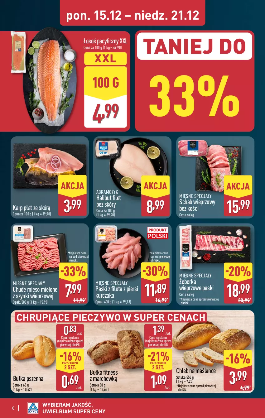 Gazetka promocyjna Aldi - Pełna oferta - ważna 15.12 do 21.12.2025 - strona 8 - produkty: Bułka, Bułka fitness, Chleb, Halibut, Karp, Kurczak, Mięsne specjały, Mięso, Mięso mielone, Mięso mielone z szynki, Piec, Pieczywo, Schab wieprzowy