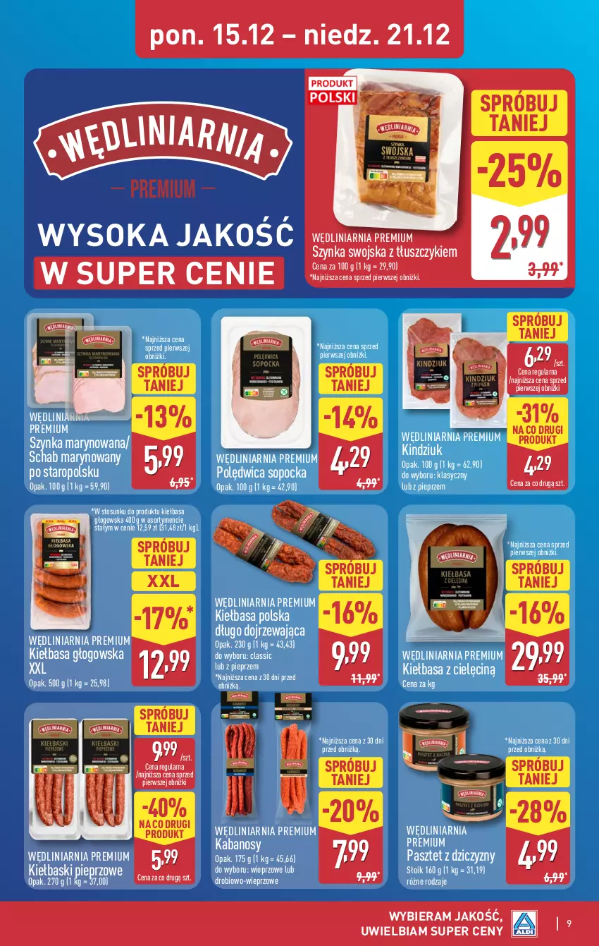 Gazetka promocyjna Aldi - Pełna oferta - ważna 15.12 do 21.12.2025 - strona 9 - produkty: Kabanos, Kiełbasa, Kiełbasa głogowska, Kiełbaski pieprzowe, Kindziuk, Pasztet, Pieprz, Polędwica, Sok, Szynka