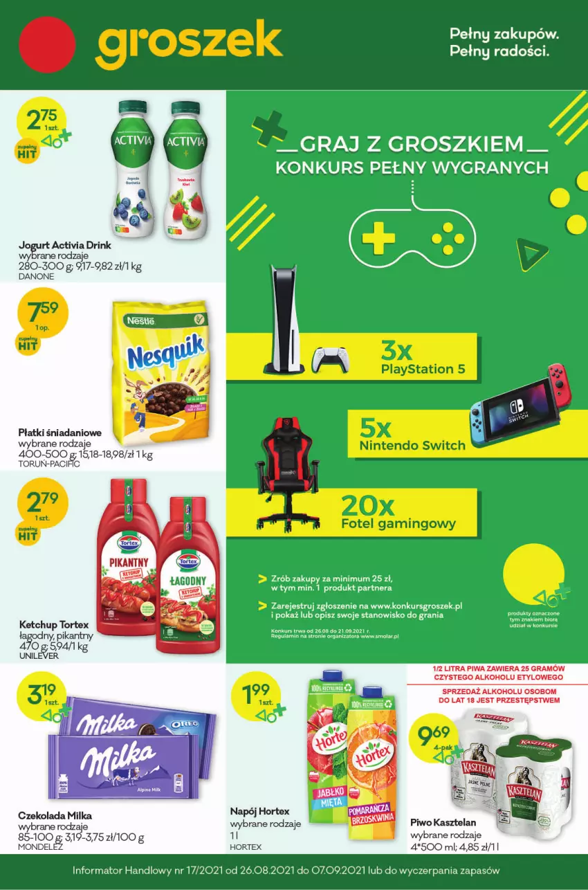 Gazetka promocyjna Groszek - Gazetka - ważna 26.08 do 07.09.2021 - strona 1 - produkty: Activia, Czekolada, Danio, Danone, Gra, Groszek, Hortex, Jogurt, Kawa, Milka, Mola, Napój, Piwa, Piwo