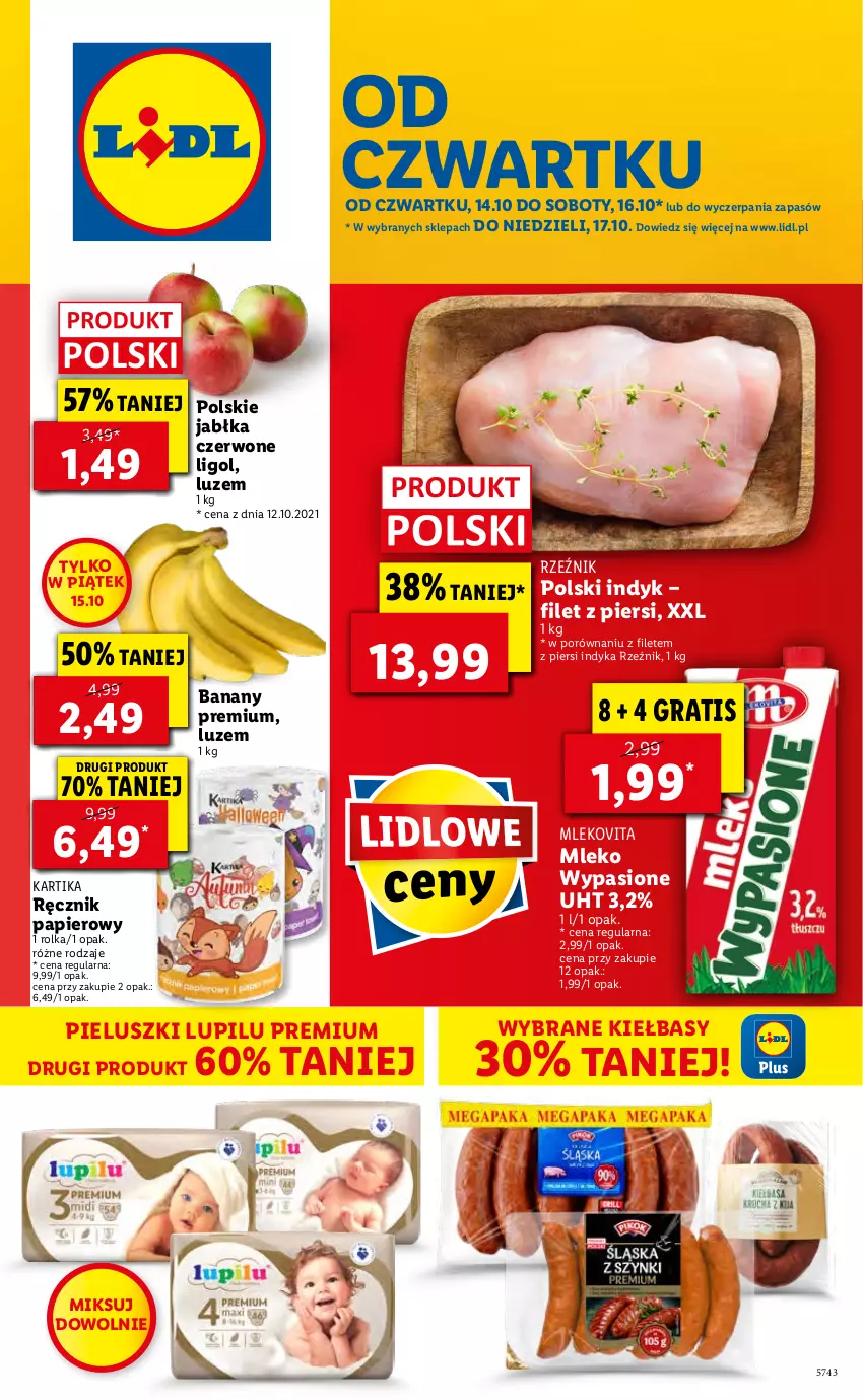 Gazetka promocyjna Lidl - GAZETKA - ważna 14.10 do 17.10.2021 - strona 1 - produkty: Banany, Gra, Jabłka, Ligol, Mleko, Mlekovita, Papier, Por, Ręcznik