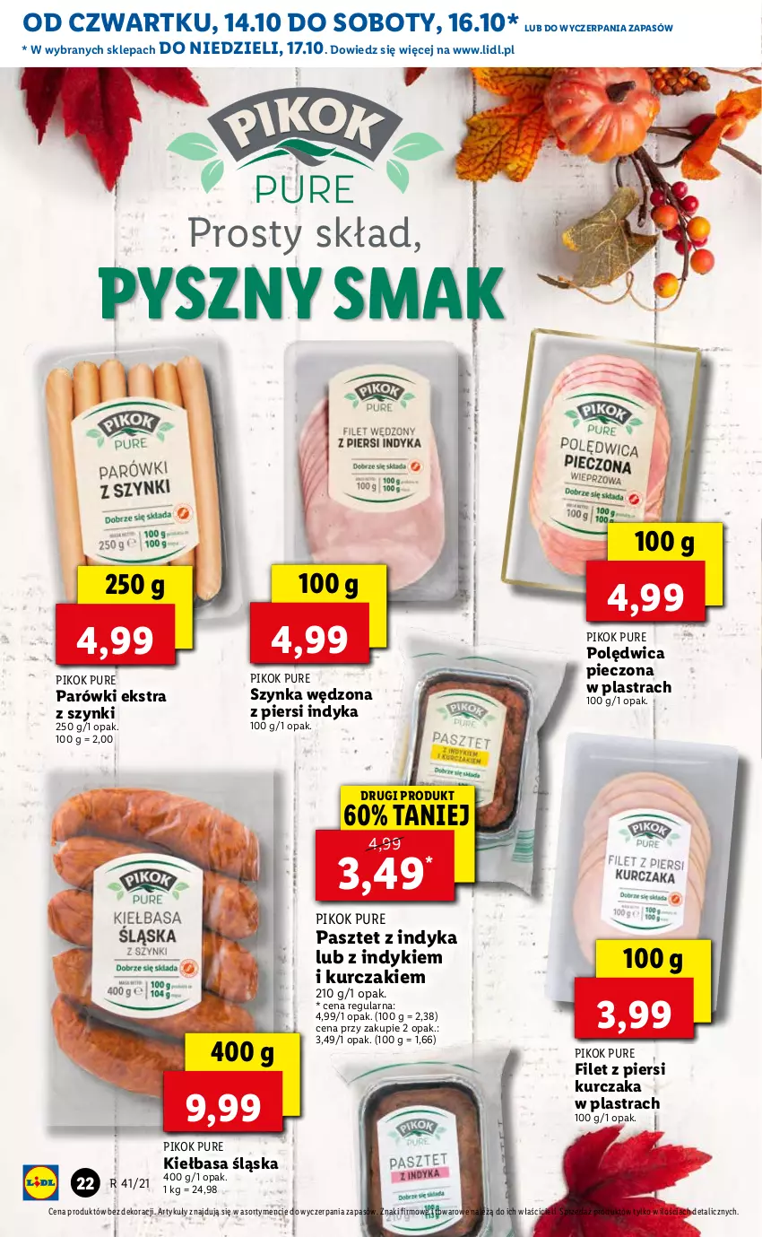 Gazetka promocyjna Lidl - GAZETKA - ważna 14.10 do 17.10.2021 - strona 22 - produkty: Filet z piersi kurczaka, Kiełbasa, Kiełbasa śląska, Kurczak, Parówki, Pasztet, Pasztet z indyka, Piec, PIKOK, Polędwica, Pur, Szynka