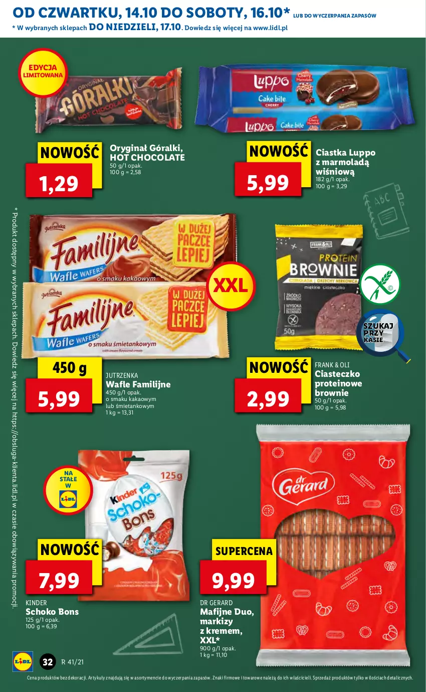 Gazetka promocyjna Lidl - GAZETKA - ważna 14.10 do 17.10.2021 - strona 32 - produkty: Brownie, Ciastka, Dr Gerard, Fa, Gin, Góralki, Jutrzenka, Kakao, Kinder, Mola