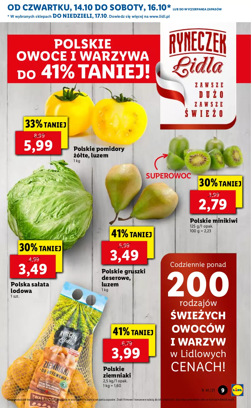 Gazetka promocyjna Lidl - GAZETKA - ważna 14.10 do 17.10.2021 - strona 9 - produkty: Deser, Gruszki, Kiwi, Minikiwi, Owoce, Pomidory, Sałat, Ser, Warzywa, Ziemniaki