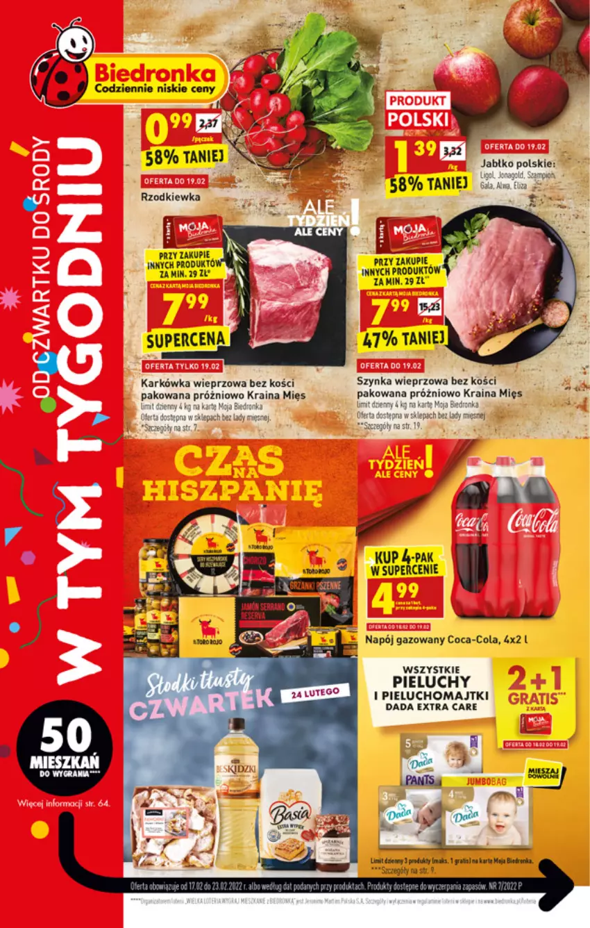 Gazetka promocyjna Biedronka - W tym tygodniu - ważna 17.02 do 23.02.2022 - strona 1 - produkty: Coca-Cola, Dada, Dron, Gala, Karkówka wieprzowa, Majtki, Napój, Napój gazowany, Noż, Pieluchomajtki, Pieluchy, Rzodkiewka, Szynka, Szynka wieprzowa