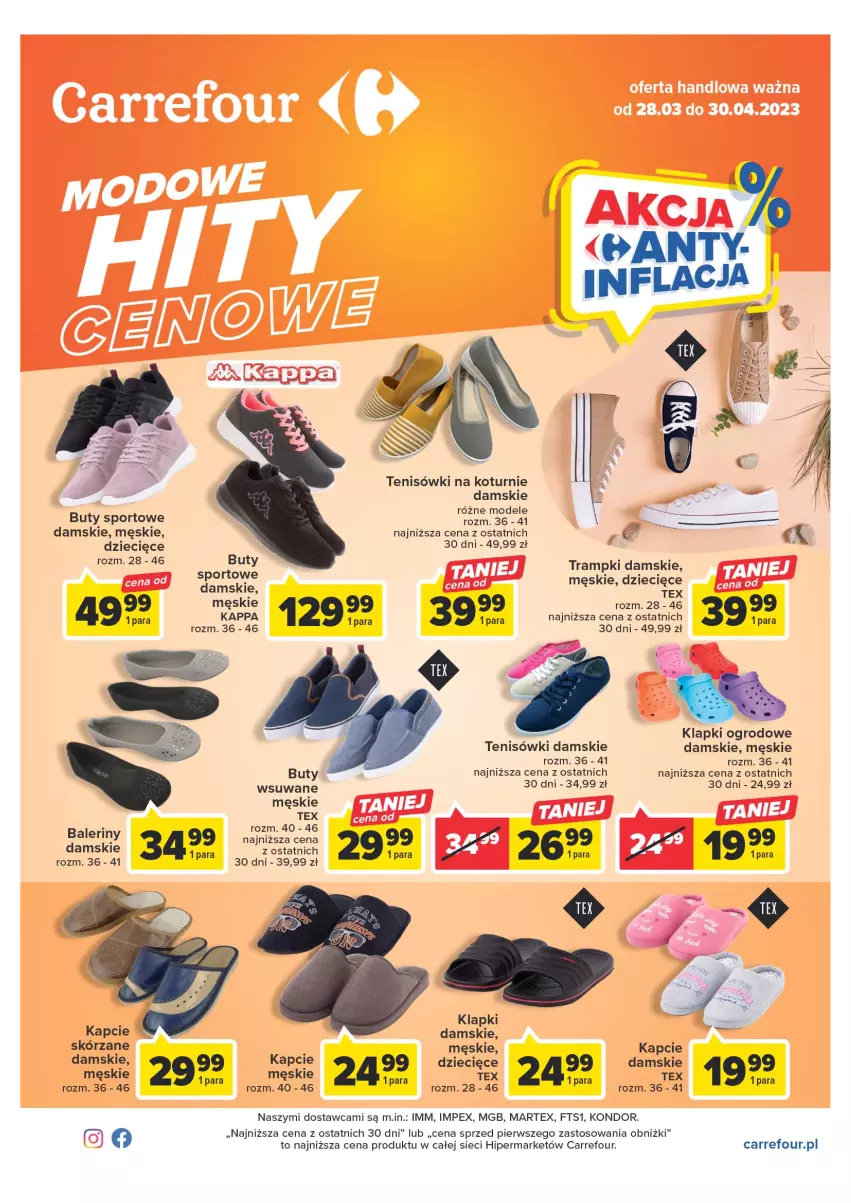 Gazetka promocyjna Carrefour - Gazetka Modowe hity cenowe - ważna 28.03 do 30.04.2023 - strona 1 - produkty: Baleriny, Buty, Dzieci, Kapcie, Klapki, Por, Sport, Tenisówki, Trampki