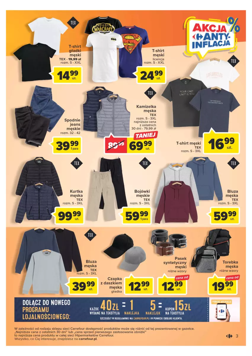 Gazetka promocyjna Carrefour - Gazetka Modowe hity cenowe - ważna 28.03 do 30.04.2023 - strona 3 - produkty: Bluza, Czapka, Gra, Kamizelka, Klej, Kurtka, Pasek, Spodnie, Spodnie jeans, T-shirt, Torebka