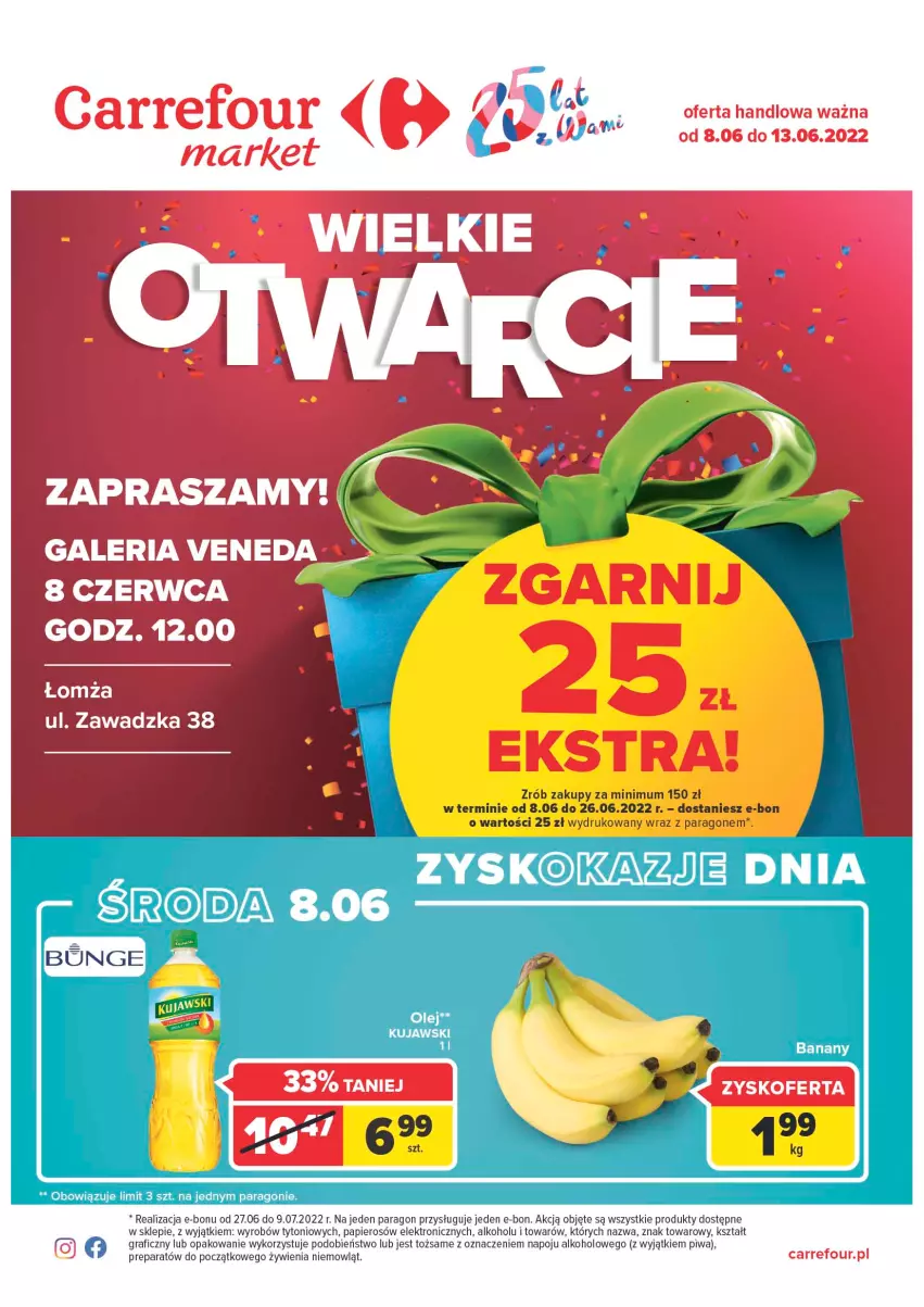 Gazetka promocyjna Carrefour - Gazetka Wielkie otwarcie Market Łomża - ważna 08.06 do 13.06.2022 - strona 1 - produkty: Gra, Kujawski, Olej, Papier, Piwa