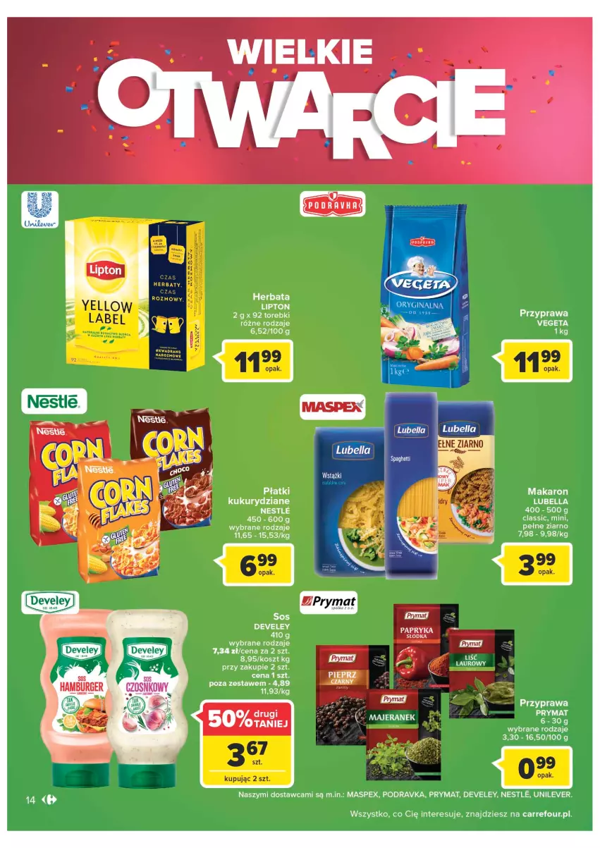 Gazetka promocyjna Carrefour - Gazetka Wielkie otwarcie Market Łomża - ważna 08.06 do 13.06.2022 - strona 14 - produkty: Herbata, Kosz, Laur, Lipton, Makaron, Papryka, Pieprz, Podravka, Prymat, Vegeta